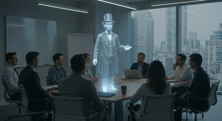 Futuristic meeting featuring a holographic figure leading a business discussion with colleagues
