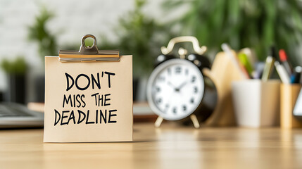 Deadline Reminder: A sticky note clipped to a board reads, "Don't miss the deadline," with a clock nearby, emphasizing the urgency and importance of timely completion.