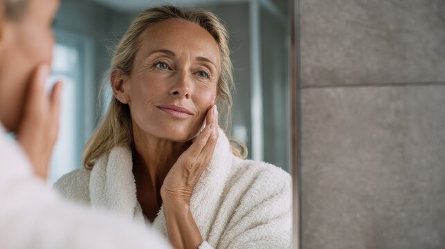 Attractive mid age older adult 50 years old blonde woman wears bathrobe in bathroom applying nourishing antiage face skin care cream treatment, looking at mirror doing daily morning beauty routine., 