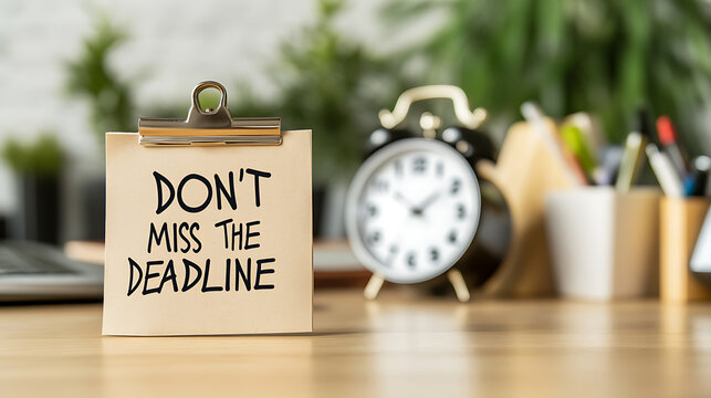 Deadline Reminder: A sticky note clipped to a board reads, "Don't miss the deadline," with a clock nearby, emphasizing the urgency and importance of timely completion.