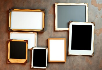 Collection of aged photo frames with worn edges on a textured background,  shabby chic,  scrapbook