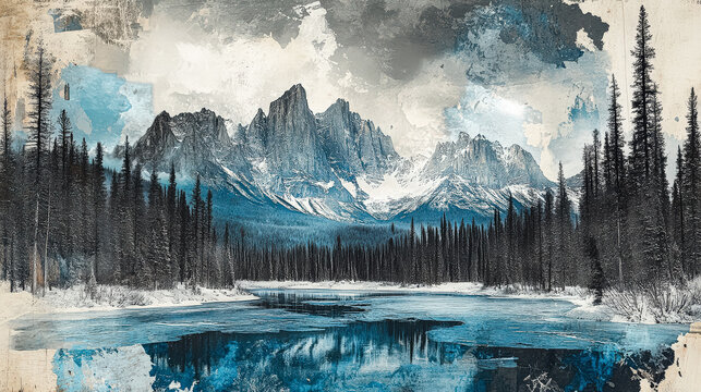 Painting of a mountain range with a lake in the foreground