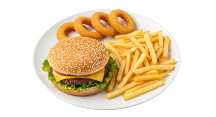 Isolated hamburger with fries and onion rings