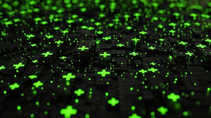 Abstract digital background with small green plus signs at dark pixel background. 3D Rendering, no logos, no brands