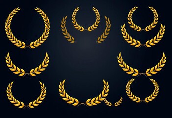 Collection of golden laurel wreaths, various designs, vector illustration for cinema awards,  victory,  prize