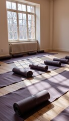 wide angle shot of empty yoga mats rolled out in a studio room with soft daylight streaming in