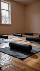 wide angle shot of empty yoga mats rolled out in a studio room with soft daylight streaming in