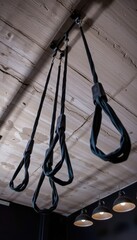 panoramic low angle view of hanging trx bands against concrete ceiling with moody gym lighting