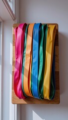 overhead shot of colorful resistance bands on a wooden shelf, natural light from a window beside
