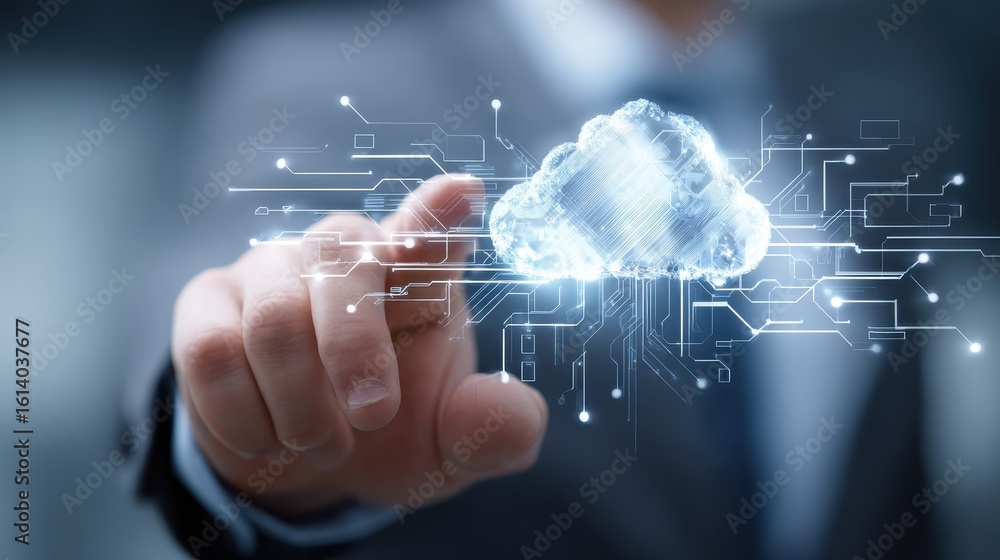 Poster businessman hand working with a cloud computing diagram on the new computer interface, no logos, no 