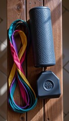 top down shot of resistance bands, foam roller, and yoga block on a wooden bench
