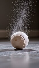 slow motion of medicine ball hitting the floor with dust particles rising