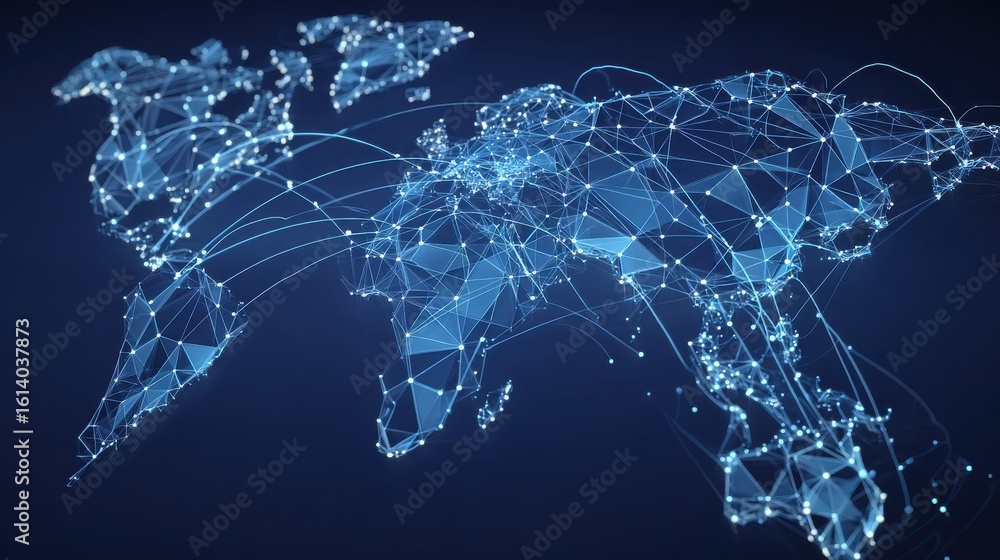 Poster polygon world map with blockchain technology peer to peer network on blue background. network, p2p b