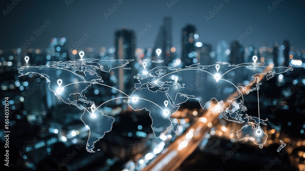 Aufkleber international geolocation concept with digital world map and white pinpoints connected by lines on n