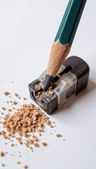 pencil sharpener with shaving debris, isolated on white