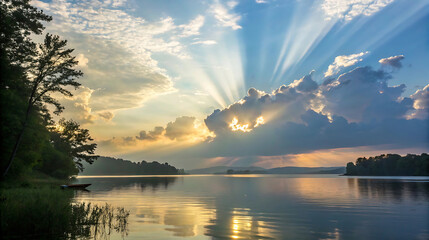The suns rays burst through the clouds over a calm lake