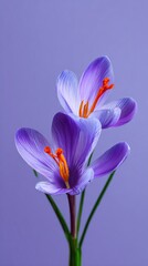 Fototapeta premium Purple saffron crocus flower bloom on flat lavender-blue background, template for social media banner, digital marketing, web, mobile wallpaper, greetings card