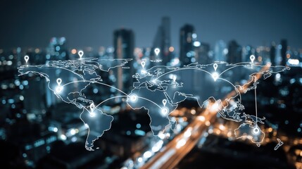 International geolocation concept with digital world map and white pinpoints connected by lines on night city skyscrapers background. Double exposure, no logos, no brands