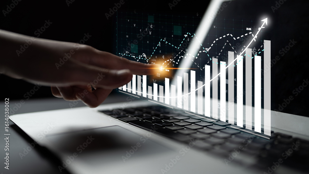 Poster a person interacts with a touchscreen graph displayed on a laptop, illustrating business growth and 