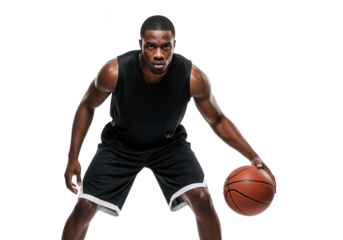 Intense African American Basketball Player Dribbling on White