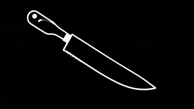Minimalist knife illustration showing a sharp blade with serrated edge on black, knife illustration. Knife illustration in monochrome is a striking graphic element.
