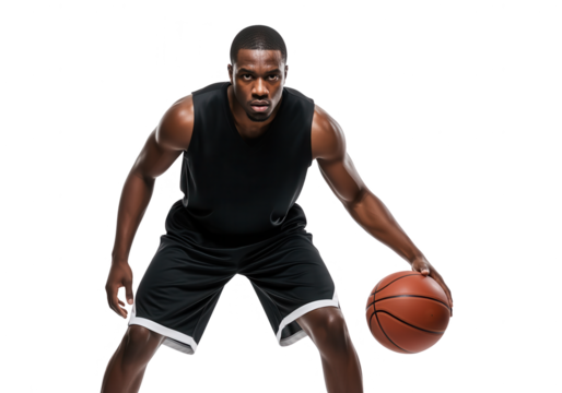 Intense African American Basketball Player Dribbling on White
