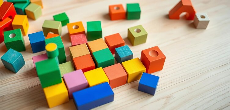 Colorful Montessori wooden blocks arranged on a light wood table,   child development,  wood
