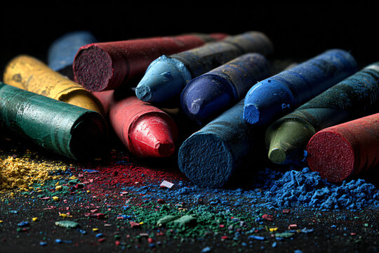 Scattered Colorful Wax Crayons on Black Background