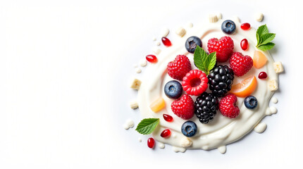 Fresh Berries and Fruit Scattered on a Yogurt Splash