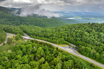 Car road trip on Blue Ridge Parkway in North Carolina Appalachian mountains. Beacon Heights parking...