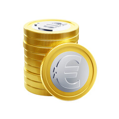 Euro Coins. Composition featuring ten metallic coins with the Euro symbol on them, all set against a transparent background. 3D rendered graphics.