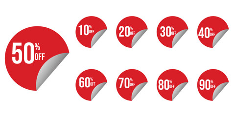 Red Folded Corner Sale Discount Labels Set – Vector Stickers from 10% to 90% Off