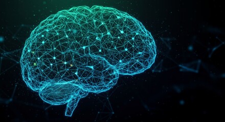 Futuristic polygonal brain representation emphasizing connectivity and neural networking