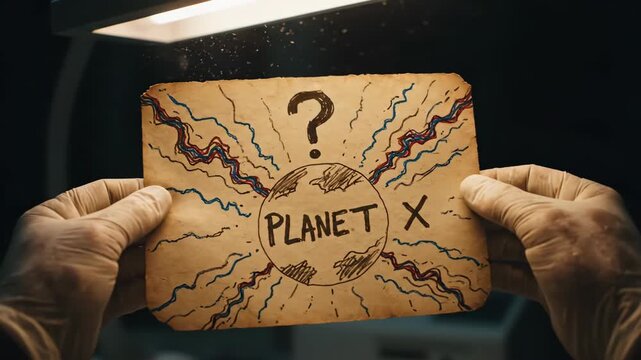 Hands illustrating mysterious Planet X on vintage paper