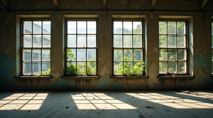 Old Industrial Room with Grimy Windows and Sunlight