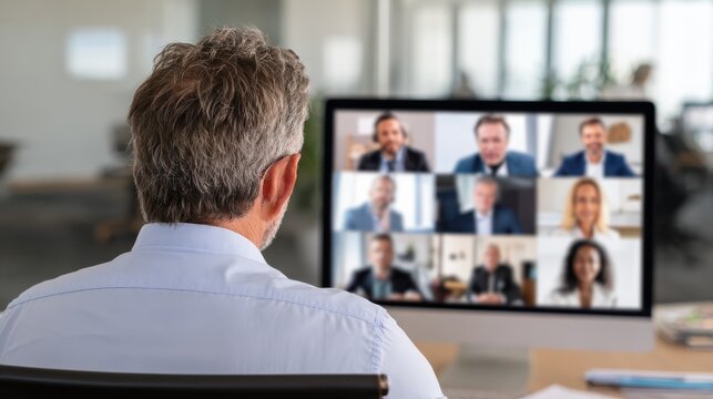 Corporate leader manager leading videoconference with diverse team business people having digital group video call conference working in office at online virtual meeting on pc computer. Over shoulder