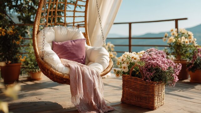 Pillow on hanging chair on terrace with blanket in basket next to flowers. Real photo, no logos, no brands