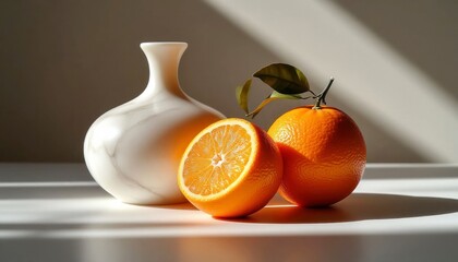 A white ceramic vase sits beside two fresh oranges, one cut in half, showcasing its juicy interior. Soft light casts gentle shadows on the surface.
