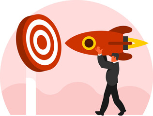 Goal achievement concept with successful person reaching target, symbolizing ambition, success, motivation, determination, and career progress in modern flat vector illustration
