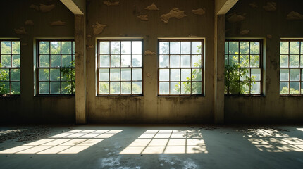 Old Industrial Room with Grimy Windows and Sunlight