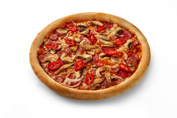 Delicious pizza with salami, mushrooms, onion and chili pepper on white background