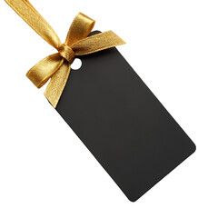 black gift name tag with golden ribbon bow png decorative gift tag PNG black label with gold ribbon PNG present accessory isolate png transparent background image