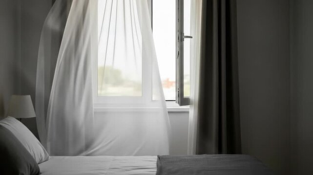 Gentle breeze moving sheer curtains by sunlit bedroom window capturing tranquil morning