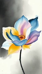 Digital watercolor painting of a single flower with purple, blue, and yellow petals in a soft and artistic style.