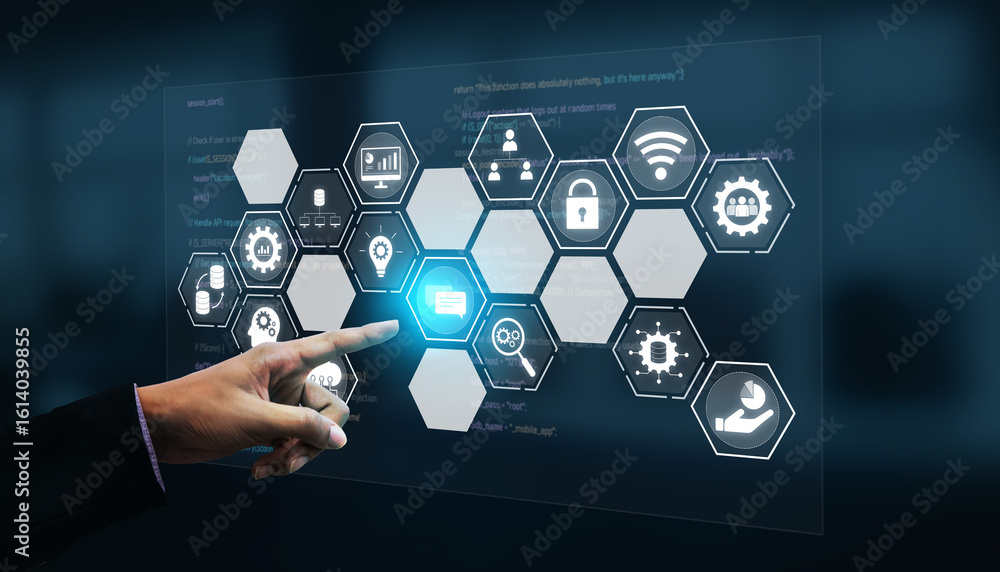 Poster hexagon interface combining ai, data, analytics, and cybersecurity. ai connects systems, data drives
