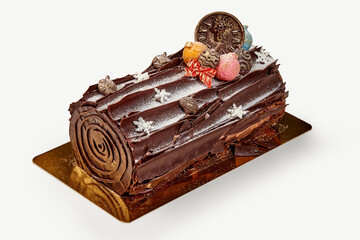 Delicious chocolate yule log cake decorated with christmas ornaments and icing sugar