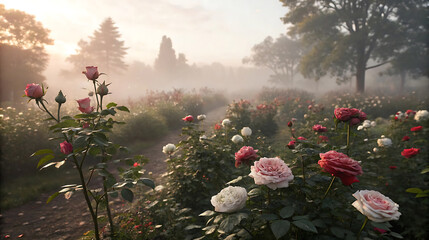 A misty morning illuminates a serene rose garden with a winding path
