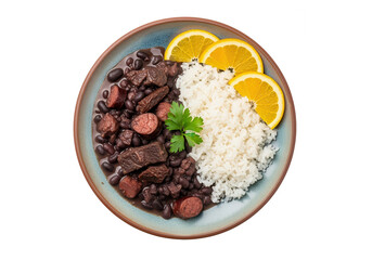 Brazilian Feijoada Dish with Rice, Orange Slices, and Parsley