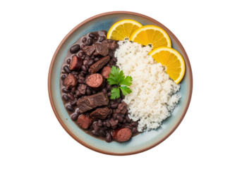 Brazilian Feijoada Dish with Rice, Orange Slices, and Parsley