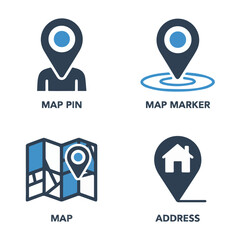 Illustration showing map pin, map marker, map with pin and address icons in blue and dark blue colors